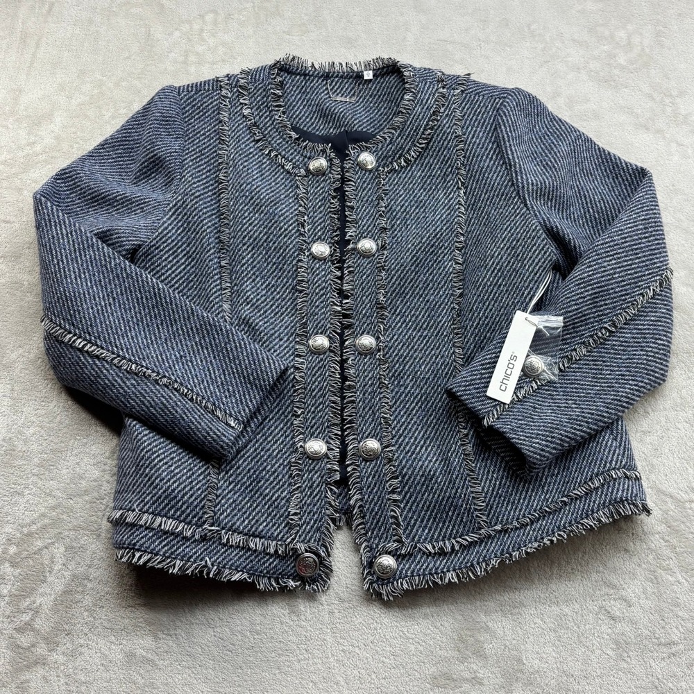 Chico's Tweed Jacket Women 2 Indigo Blue Fringe Crest Buttons Preppy Office Chic